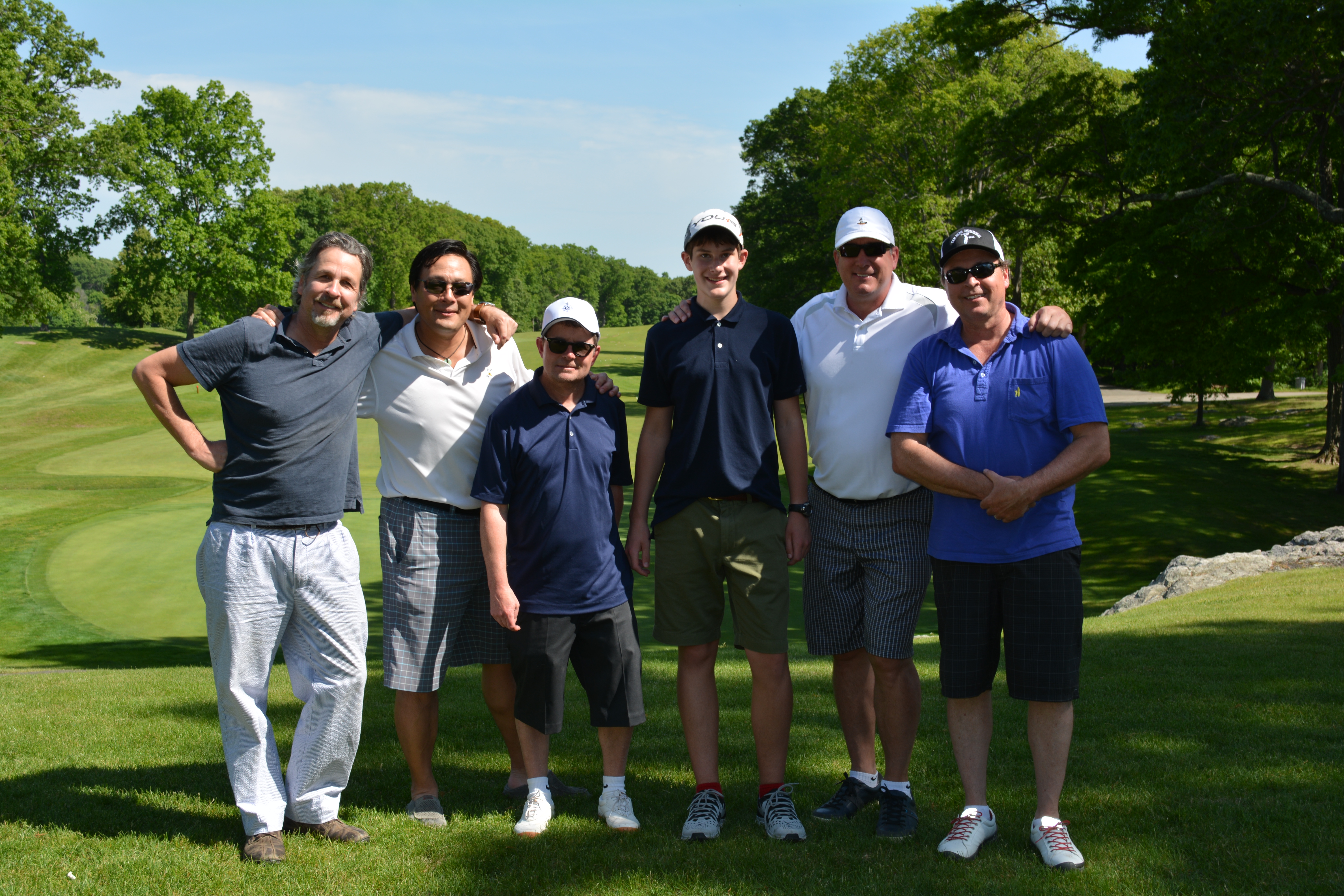 Peter Farrelly, Ming Tsai, Michael J. Fox, Jack Neely, Cam Neely and Bobby Farrelly at the 2014 Cam Neely Invitational
